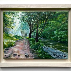 Original oil painting of riverside path. Oil on canvas. Framed.