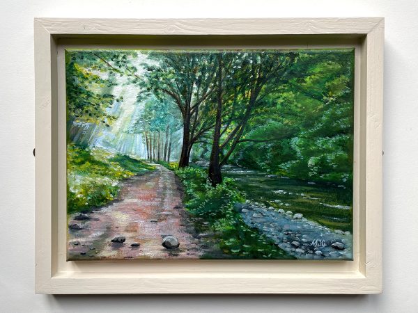 Original oil painting of riverside path. Oil on canvas. Framed.